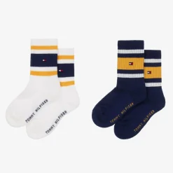 Tommy Hilfiger Boys White & Blue Striped Cotton Socks (2 Pack) Clearance