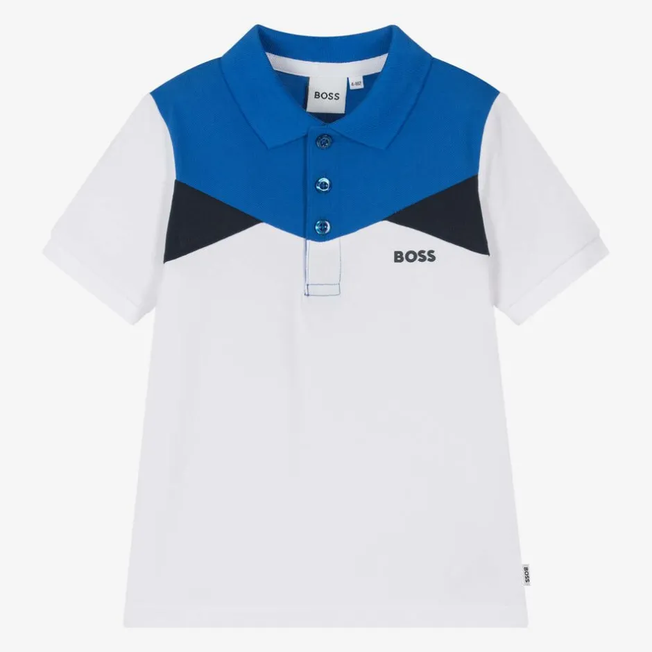 BOSS Boys White Colour Block Cotton Polo Shirt Online