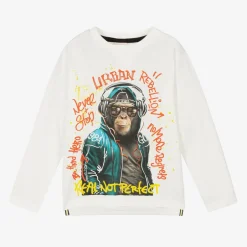 Boboli Boys White Cotton Slogan Monkey Top Clearance