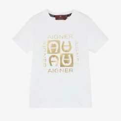 AIGNER Boys White Cotton T-Shirt Discount