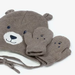 Mayoral Brown Cotton Bear Hat & Mittens Set Hot