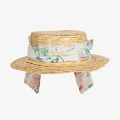 Patachou Girls Beige & Floral Trim Straw Hat Discount