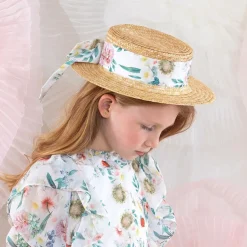 Patachou Girls Beige & Floral Trim Straw Hat Discount