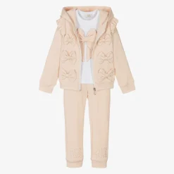 Caramelo Kids Girls Beige Cotton Bow Tracksuit Set Clearance