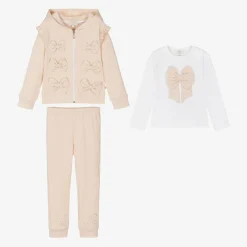 Caramelo Kids Girls Beige Cotton Bow Tracksuit Set Clearance