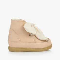 Donsje Girls Beige Leather Bow First Walker Boots Clearance