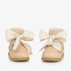 Donsje Girls Beige Leather Bow First Walker Boots Clearance