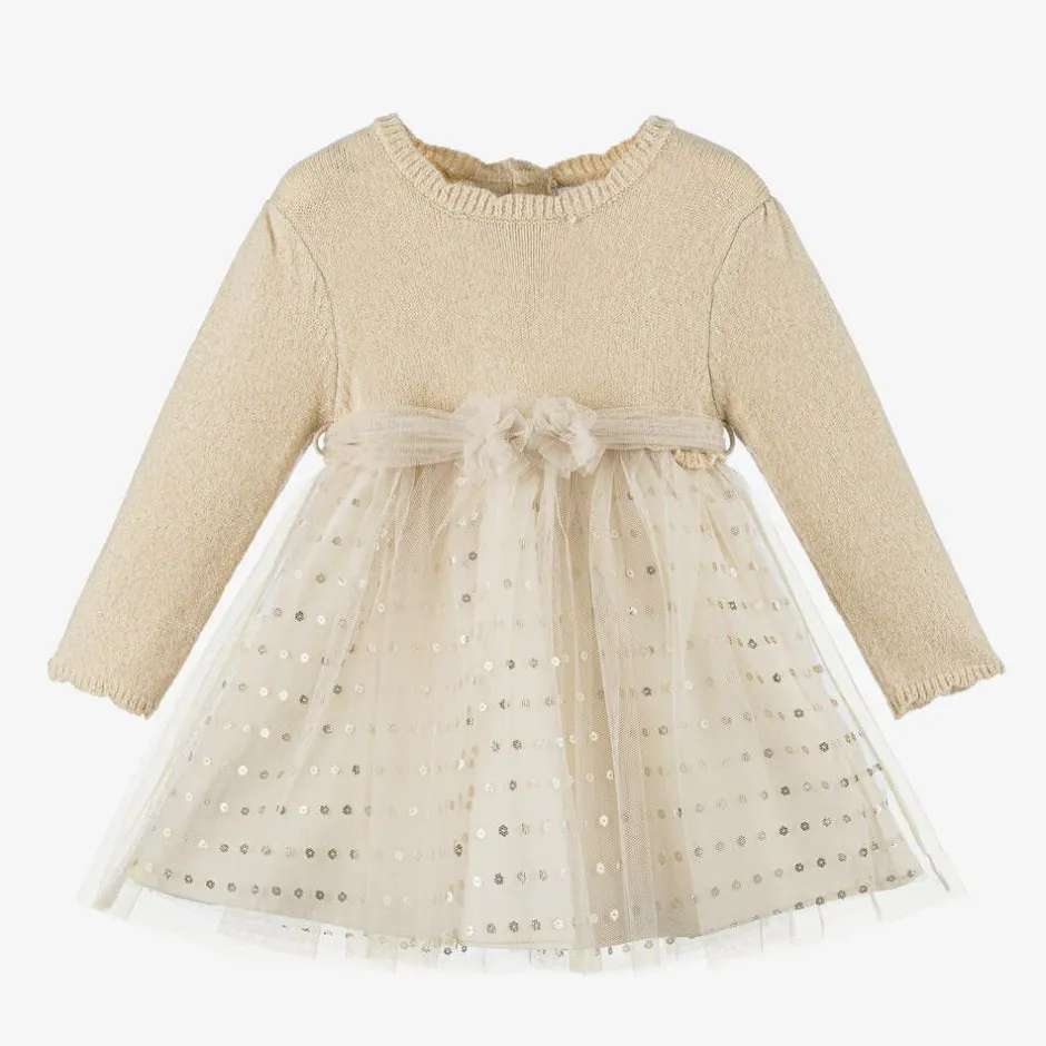 Mayoral Girls Beige Lurex Knit & Tulle Dress Sale