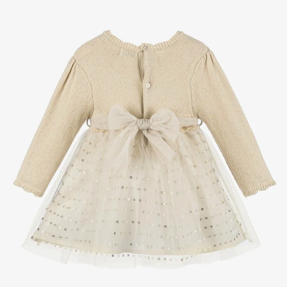 Mayoral Girls Beige Lurex Knit & Tulle Dress Sale
