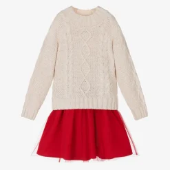 Tutto Piccolo Girls Beige Sweater & Red Tulle Skirt Set Best