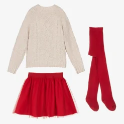Tutto Piccolo Girls Beige Sweater & Red Tulle Skirt Set Best