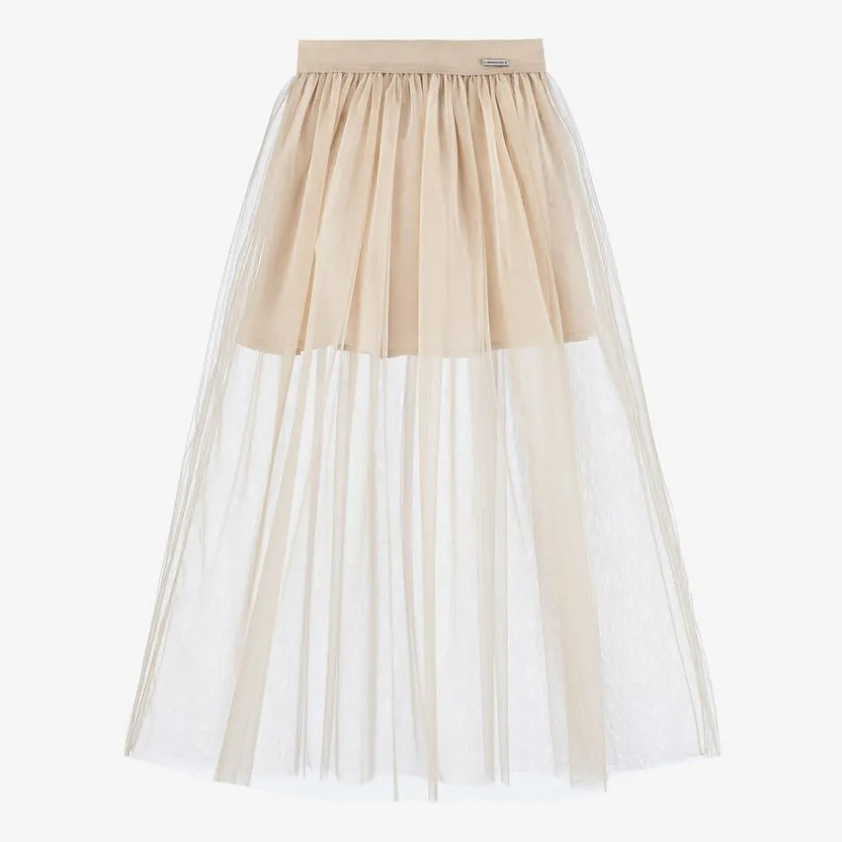 Monnalisa Girls Beige Tulle Maxi Skirt