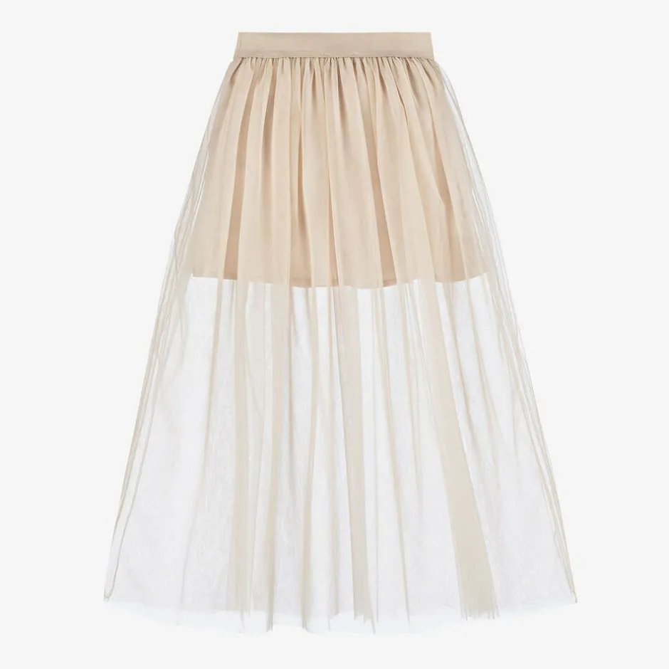 Monnalisa Girls Beige Tulle Maxi Skirt