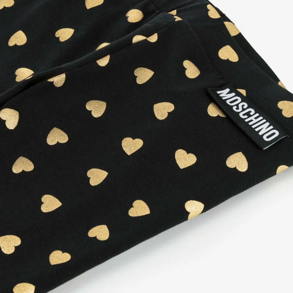 Moschino Kid-Teen Girls Black & Gold Heart Cotton Leggings Best