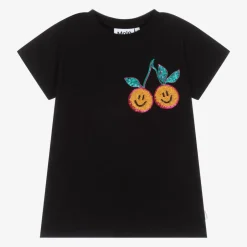 Molo Girls Black Cotton Sequin Cherry T-Shirt New