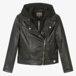 Guess Girls Black Faux Leather Biker Jacket Clearance