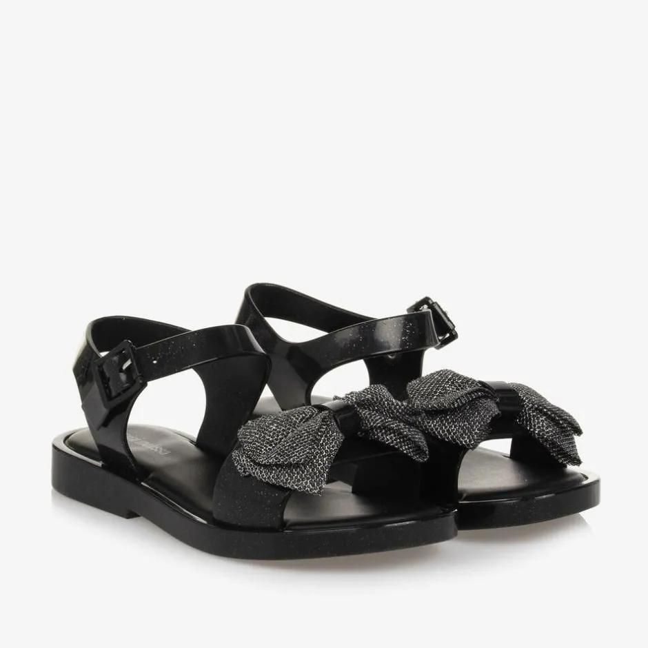 Mini Melissa Girls Black Glitter Bow Jelly Sandals Sale