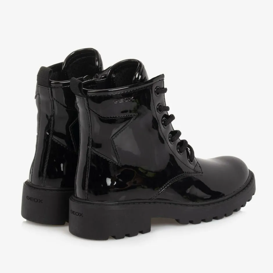 Geox Girls Black Lace-Up Patent Boots Discount