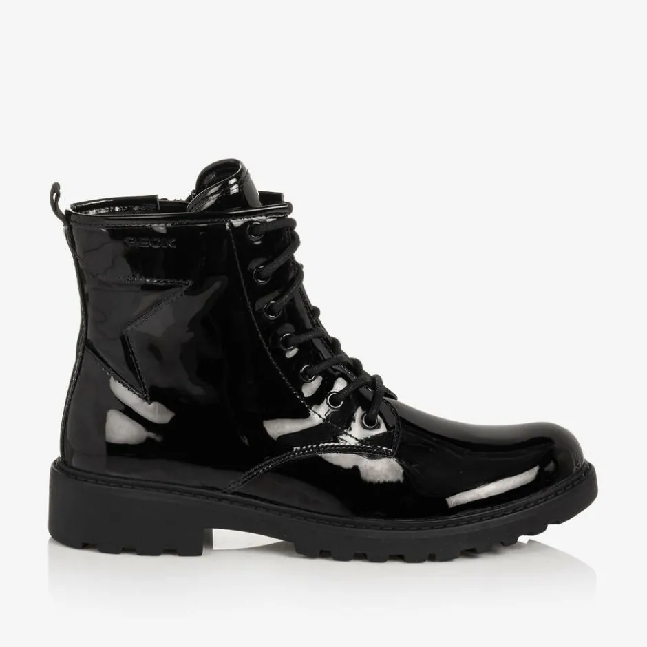 Geox Girls Black Lace-Up Patent Boots Discount