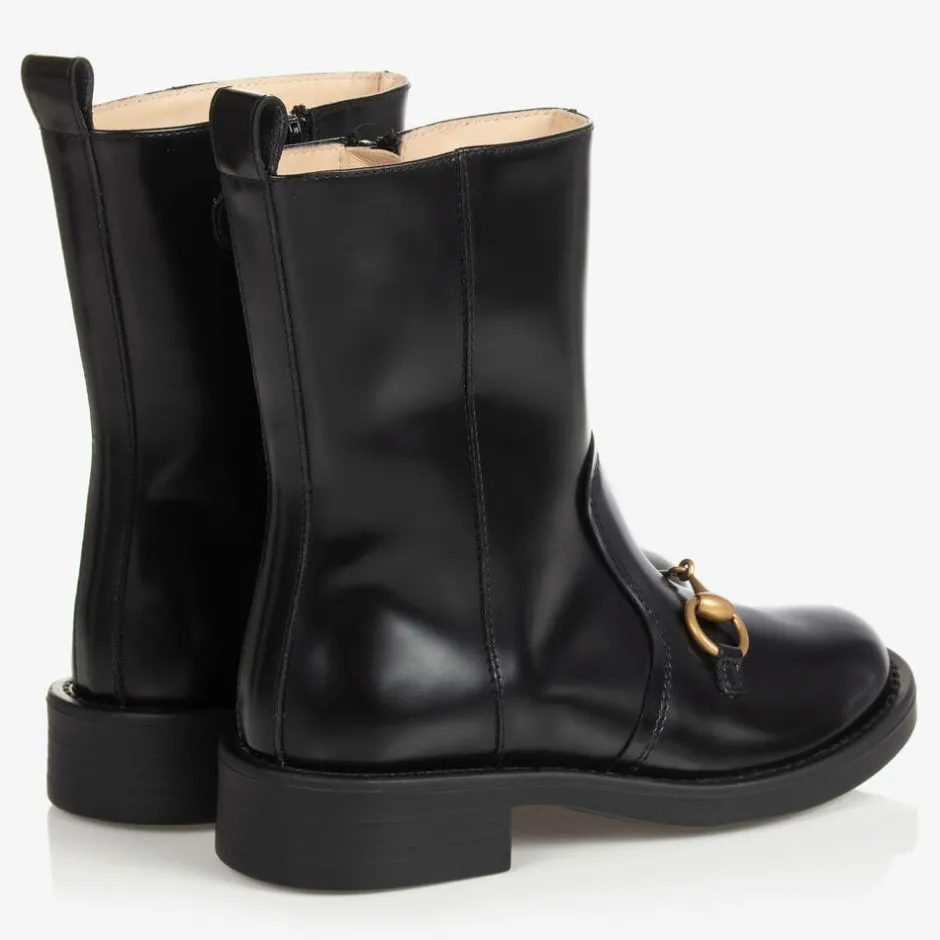 Gucci Girls Black Leather Boots New