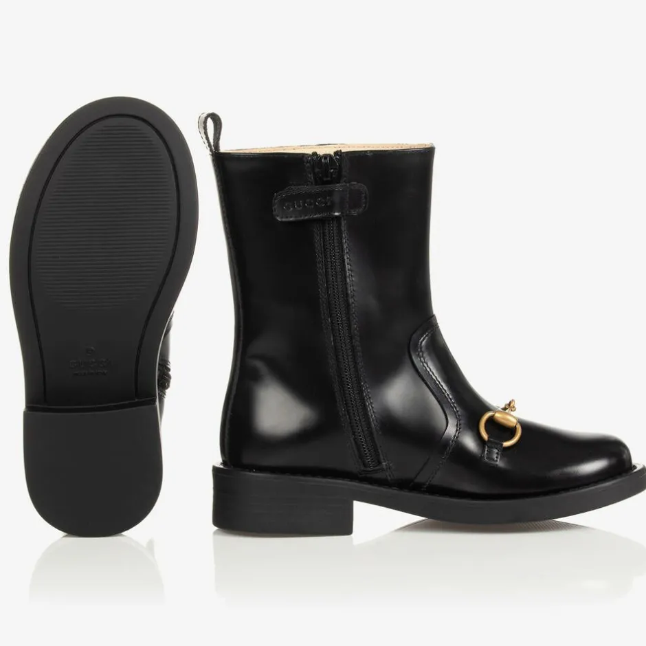 Gucci Girls Black Leather Boots New