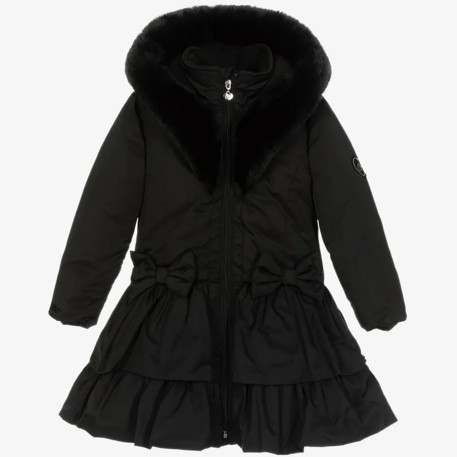 A Dee Girls Black Padded Ruffle Hooded Coat