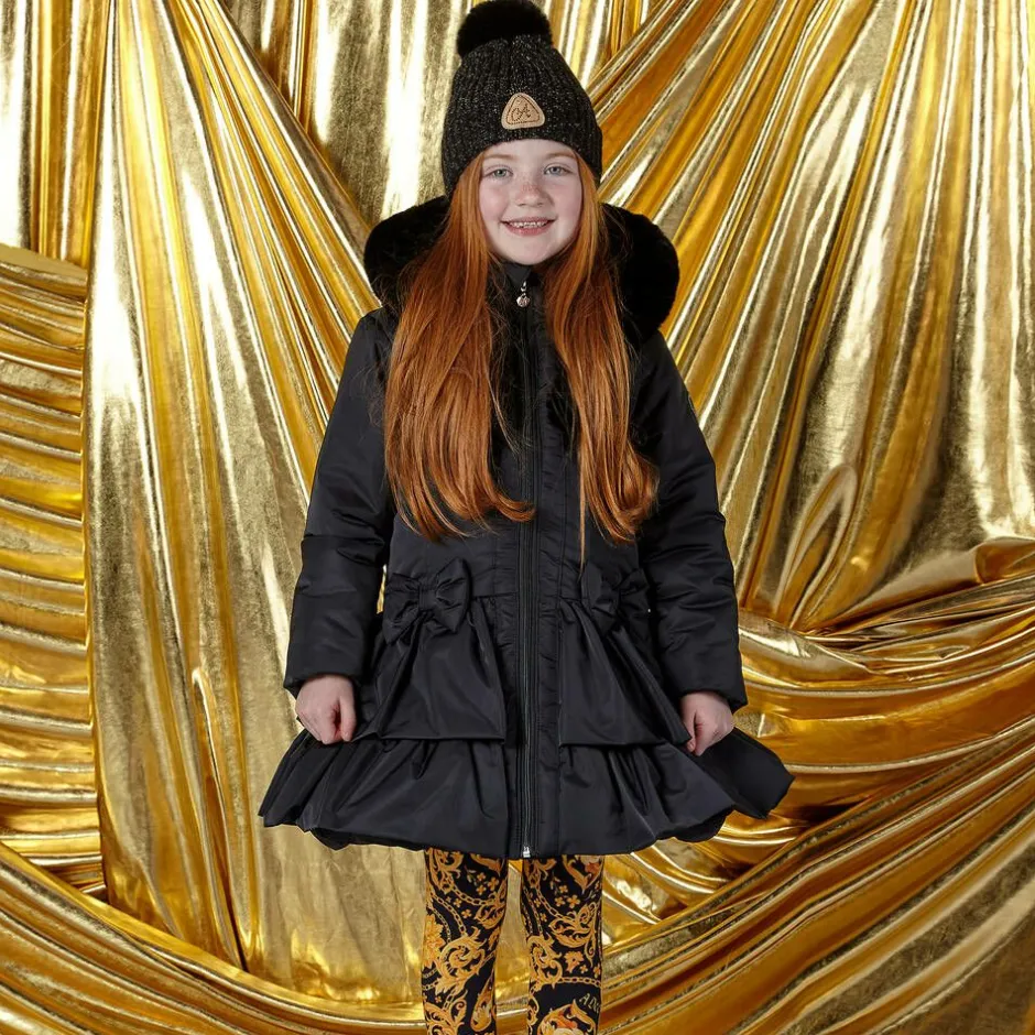 A Dee Girls Black Padded Ruffle Hooded Coat