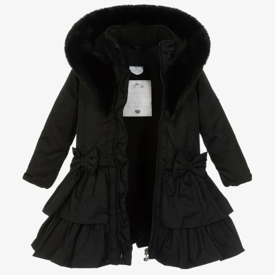 A Dee Girls Black Padded Ruffle Hooded Coat
