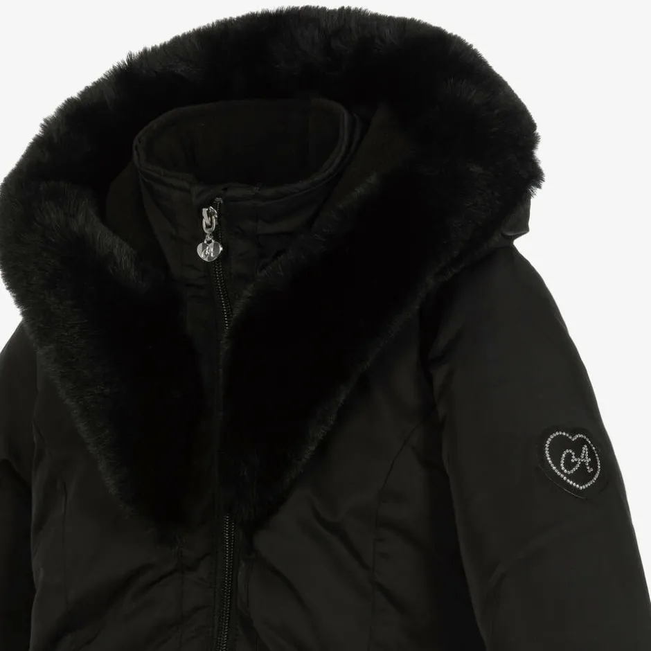 A Dee Girls Black Padded Ruffle Hooded Coat