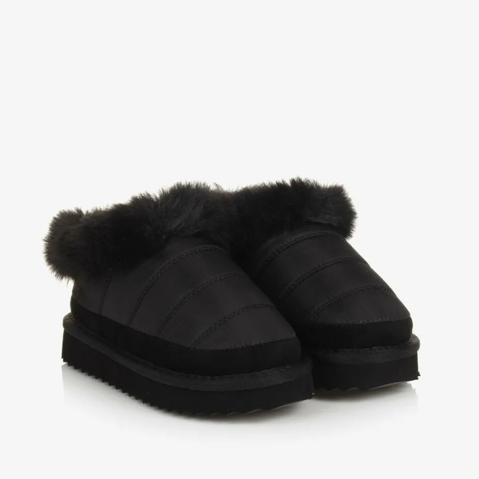 Monnalisa Girls Black Ripstop & Faux Fur Slip-On Boots Hot