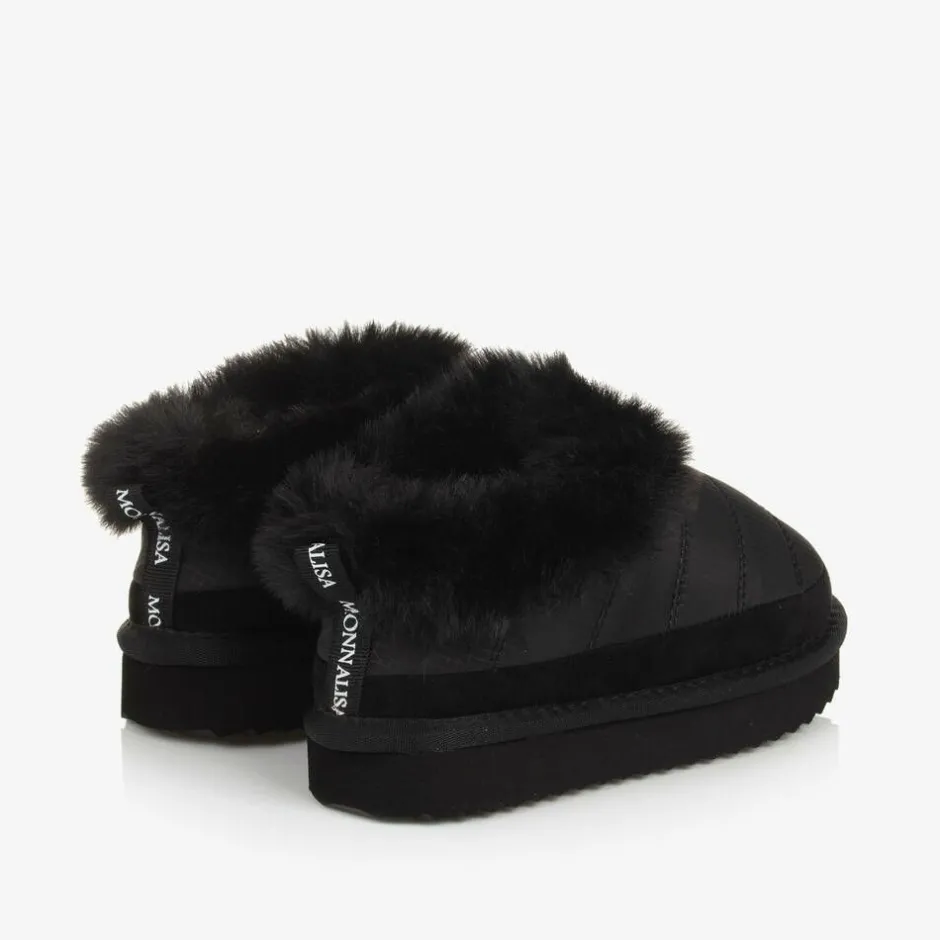 Monnalisa Girls Black Ripstop & Faux Fur Slip-On Boots Hot