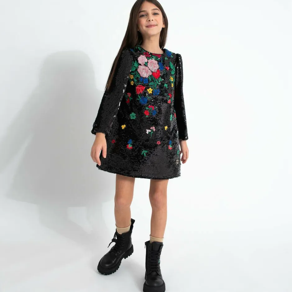 Elie Saab Girls Black Sequin Embroidered Floral Dress