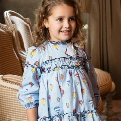 Foque Girls Blue Cotton Balloon Dress New