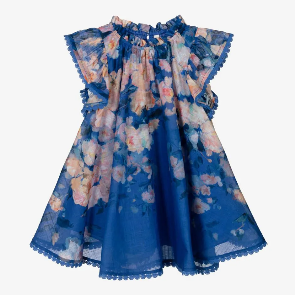 Zimmermann Girls Blue Cotton Floral Dress DarkBlueWatercolourFloral Discount