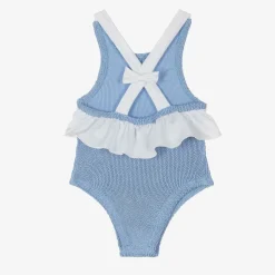 Hunza G Girls Blue Crinkle Frill Swimsuit Cornflower Outlet