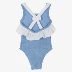 Hunza G Girls Blue Crinkle Frill Swimsuit Cornflower Outlet