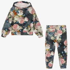 Monnalisa Girls Blue Floral Cotton Tracksuit Outlet
