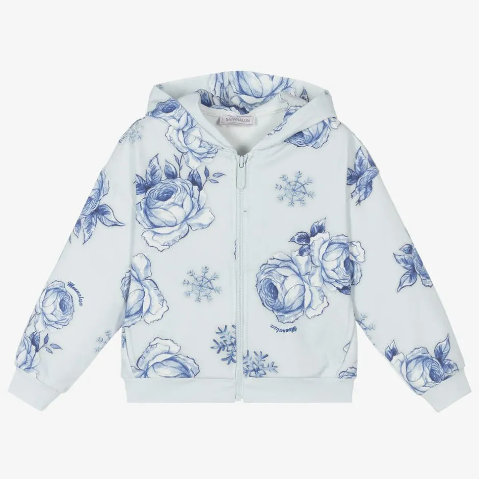 Monnalisa Girls Blue Floral Cotton Zip-Up Hoodie Online