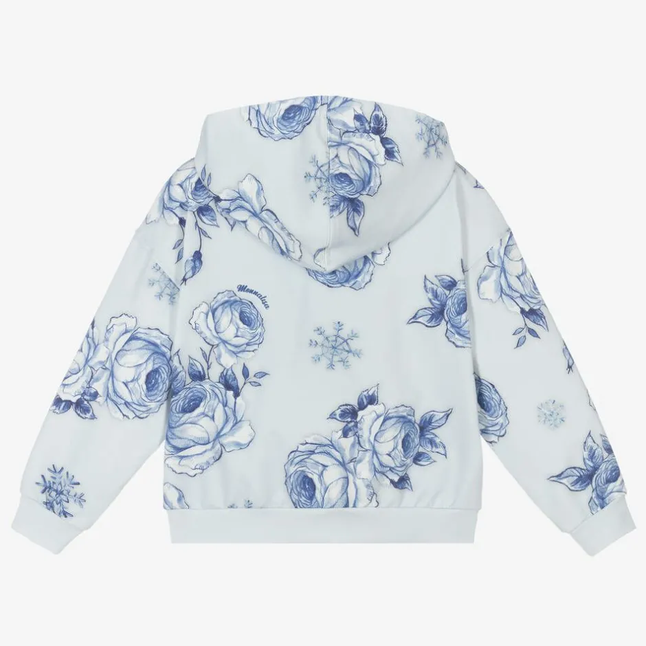 Monnalisa Girls Blue Floral Cotton Zip-Up Hoodie Online