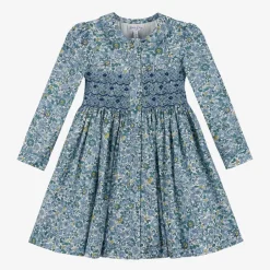 Rachel Riley Girls Blue Floral Smocked Cotton Dress Hot