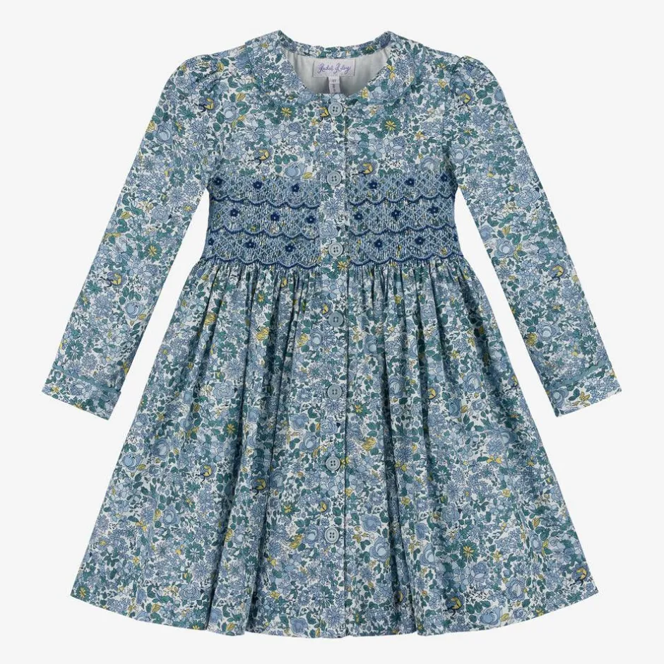 Rachel Riley Girls Blue Floral Smocked Cotton Dress Hot