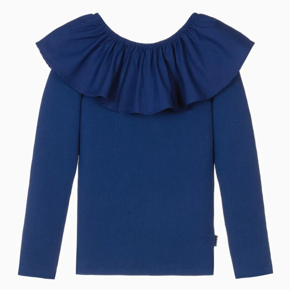 Molo Girls Blue Organic Cotton Ruffle Top VibrantBlue Clearance