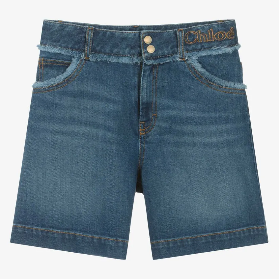 Chloé Girls Blue Organic Denim Fringe Shorts