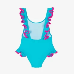 Selini Action Girls Blue Ruffle & Pink Pom-Pom Swimsuit New