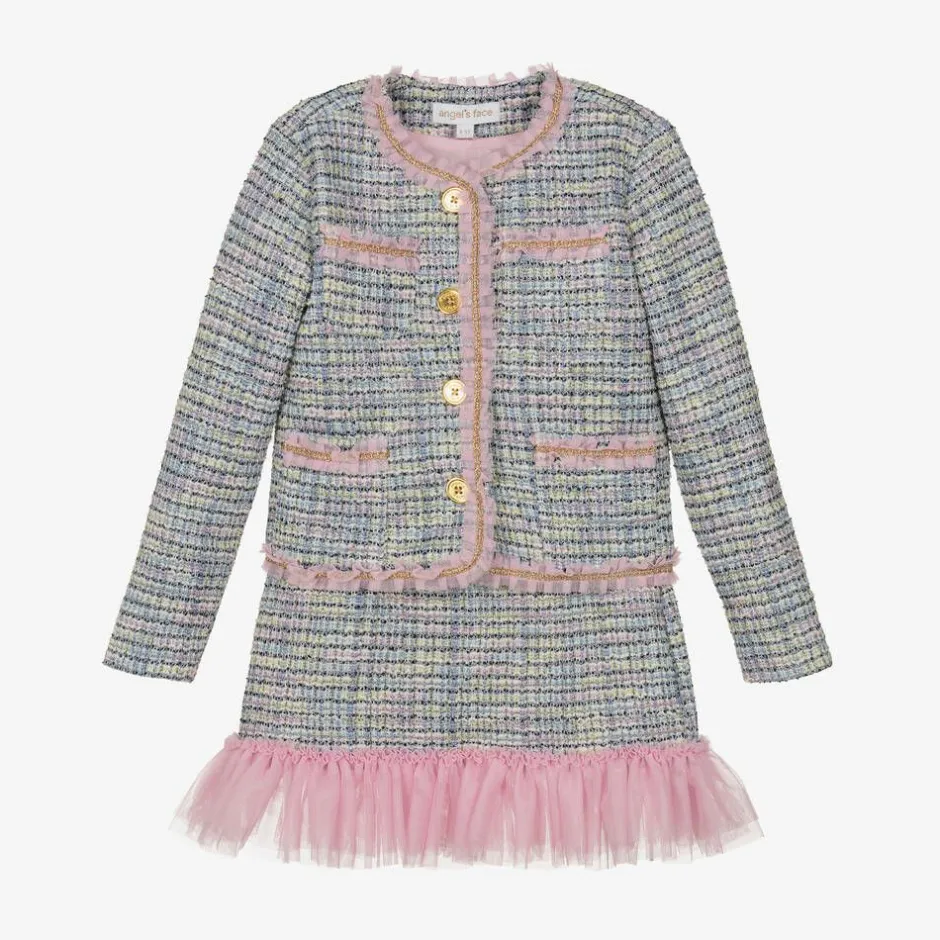 Angels Face Girls Tweed Skirt Set Blue