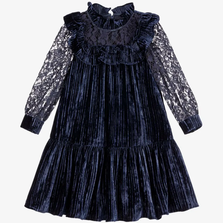 Childrensalon Occasions Girls Blue Velour & Lace Dress Outlet