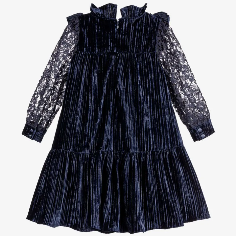 Childrensalon Occasions Girls Blue Velour & Lace Dress Outlet