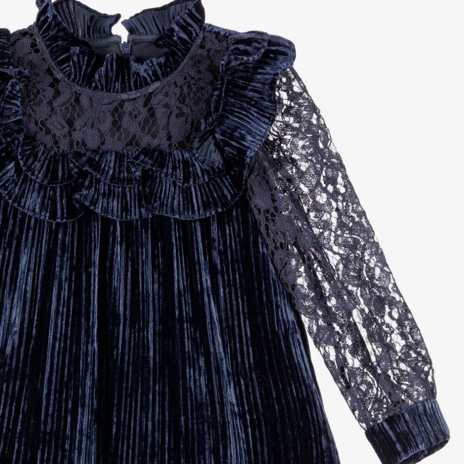 Childrensalon Occasions Girls Blue Velour & Lace Dress Outlet