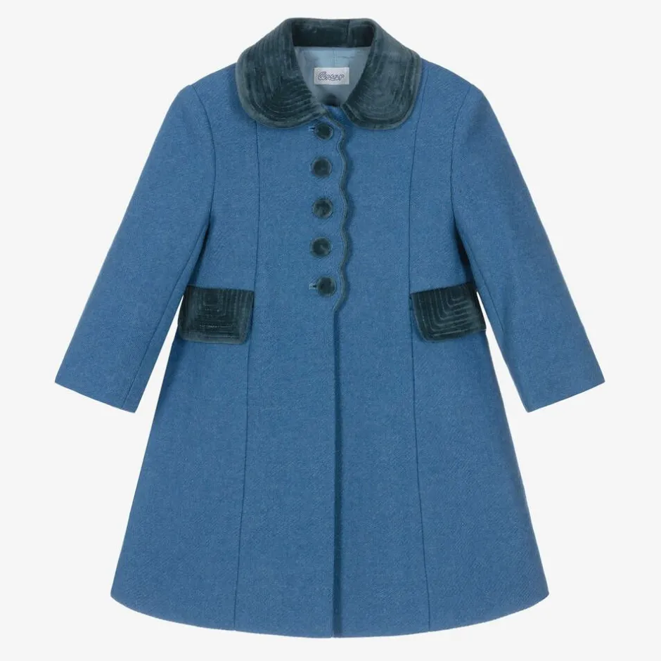 Ancar Girls Blue Wool & Velvet Coat Outlet