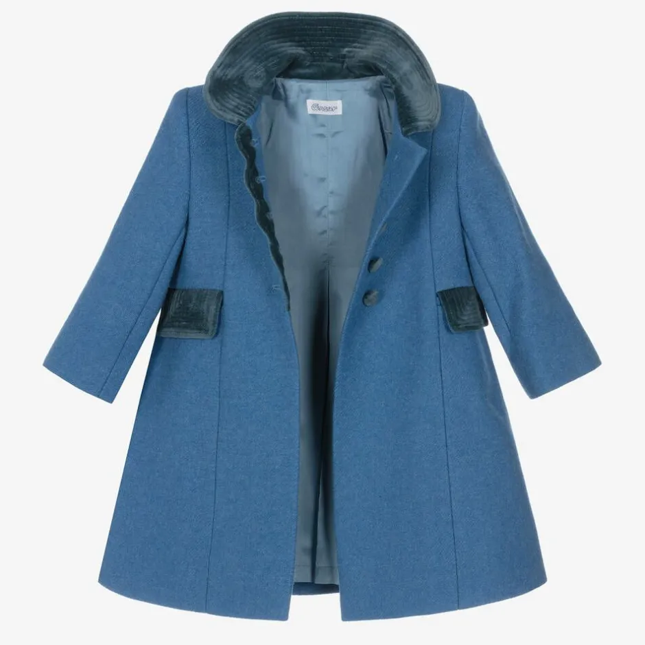 Ancar Girls Blue Wool & Velvet Coat Outlet